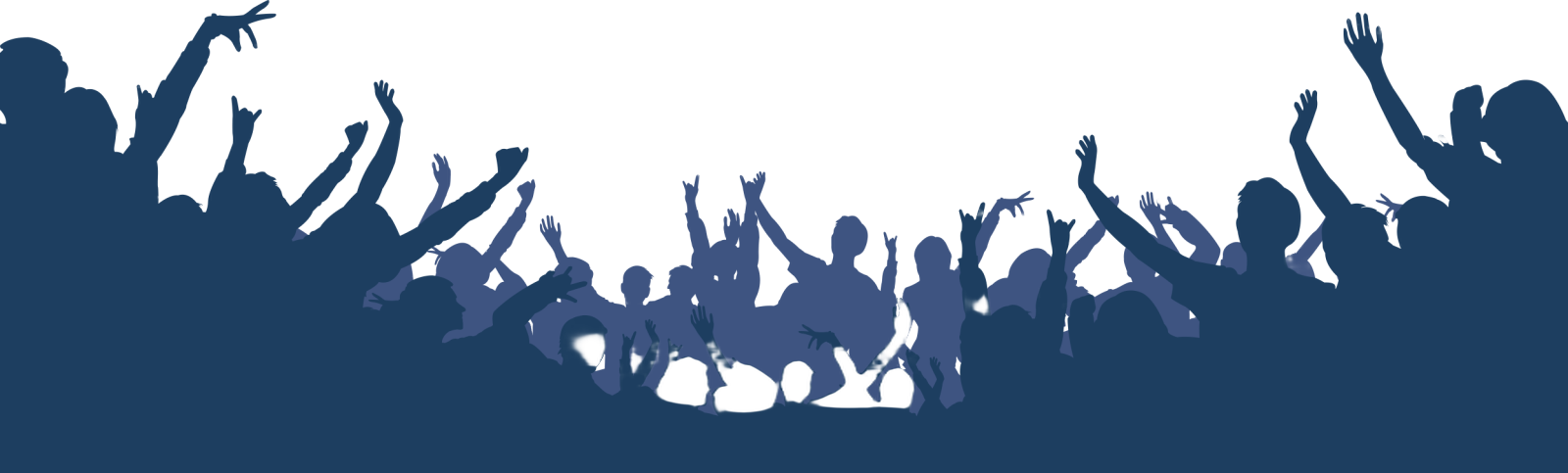 a crowd of people with their hands in the air