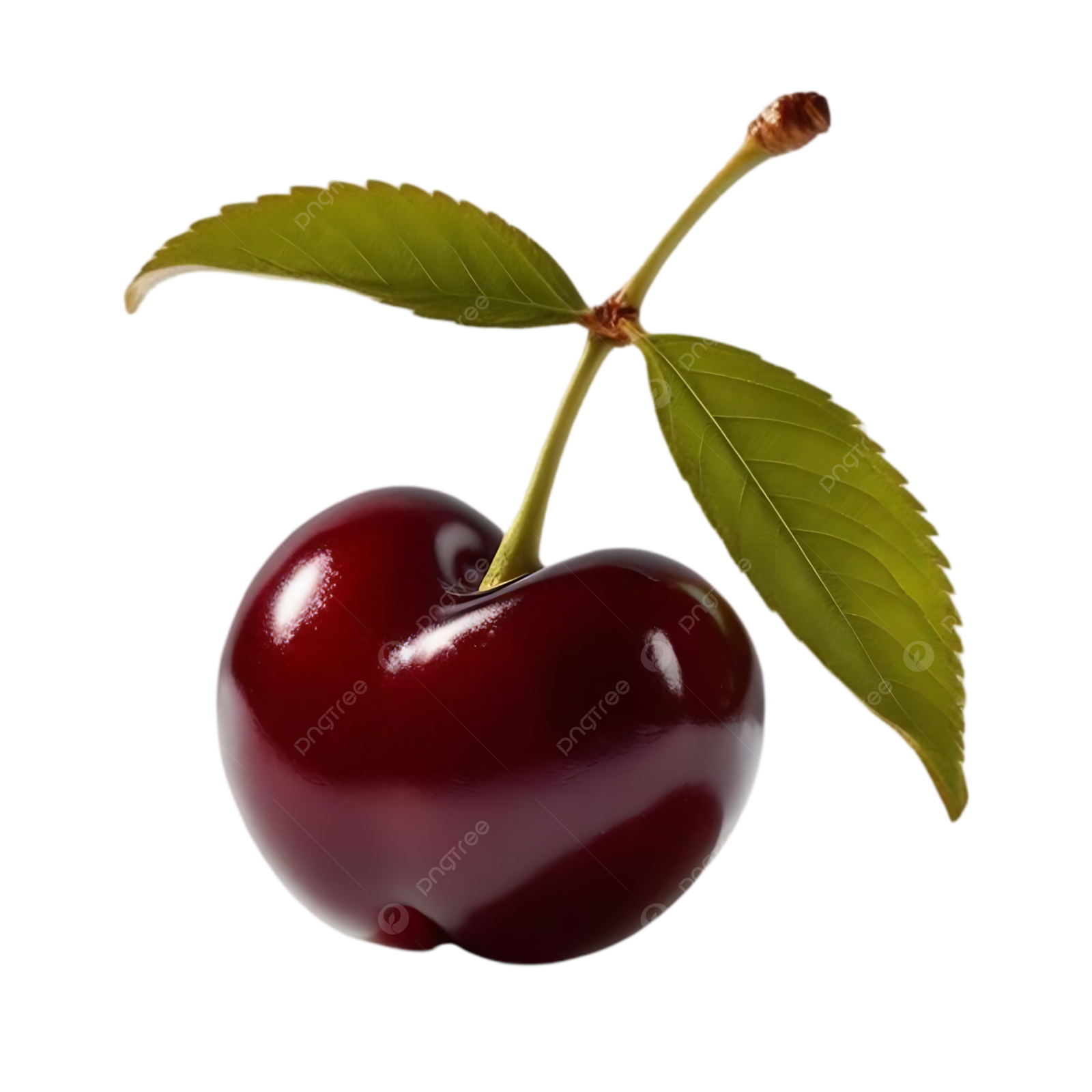 a cherry with green leaves on a white background