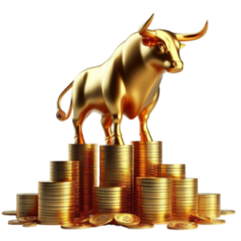 a bull standing on top of stacks of coins