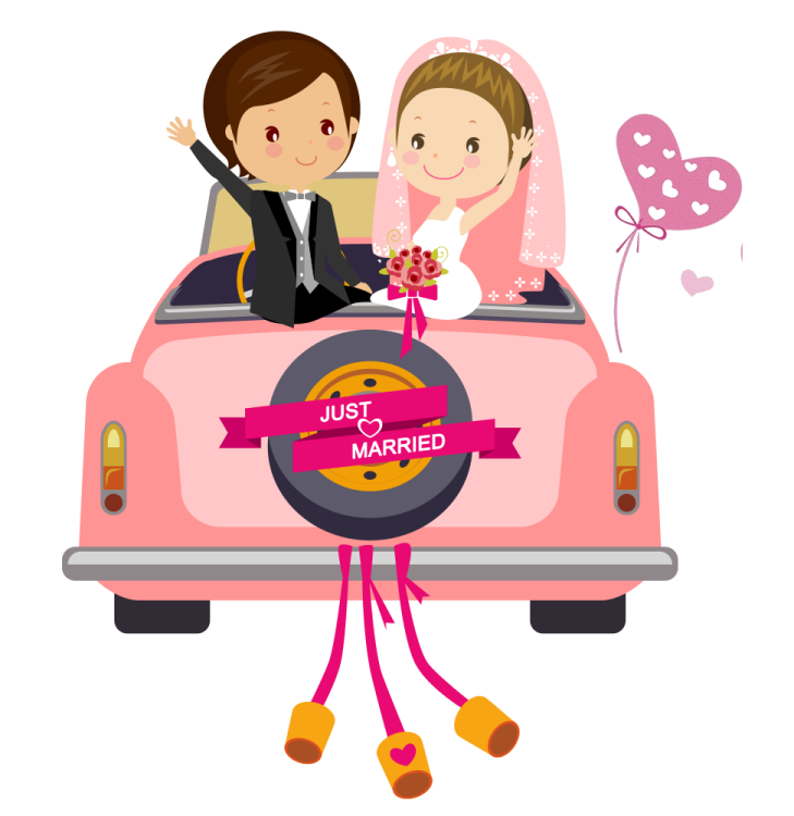a bride and groom in the back of a pink car