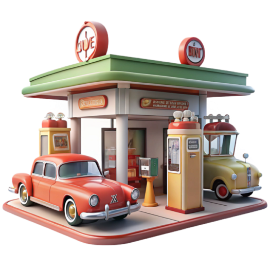 a toy car is parked in front of a gas station