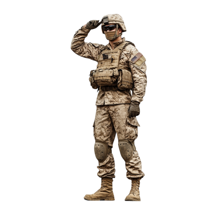 a soldier salutes with his hand on his head