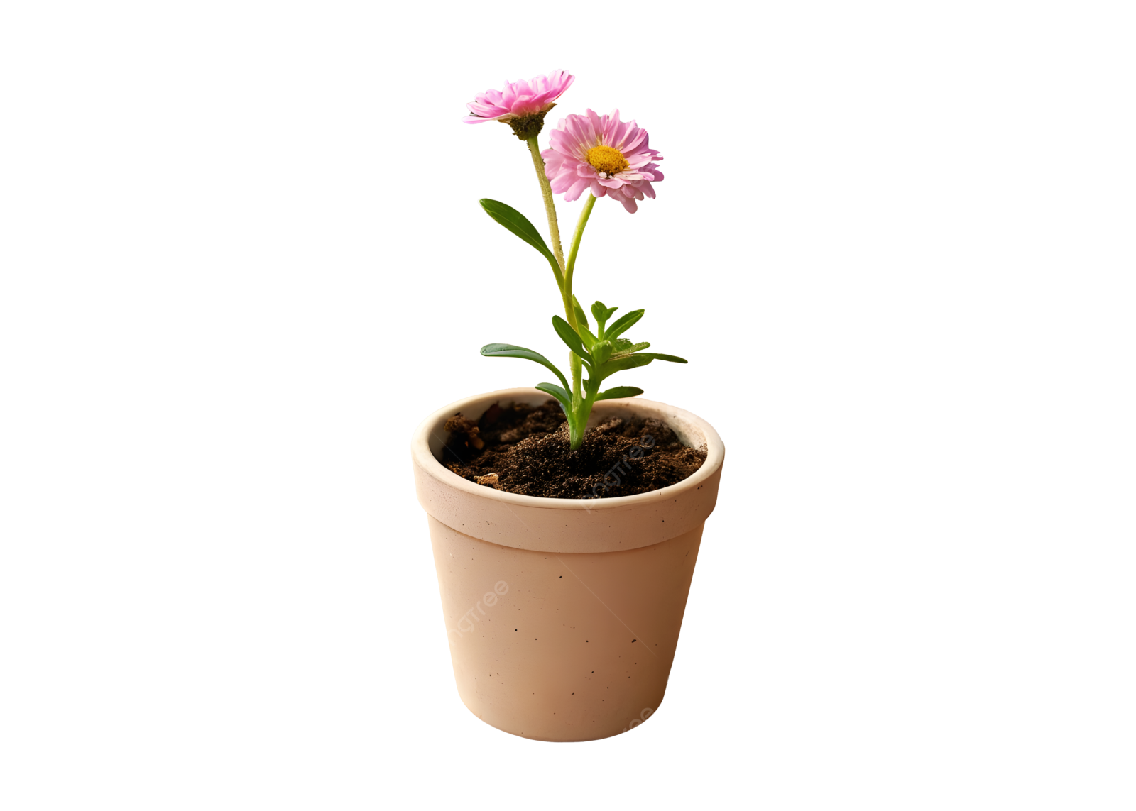a small pink flower in a brown pot