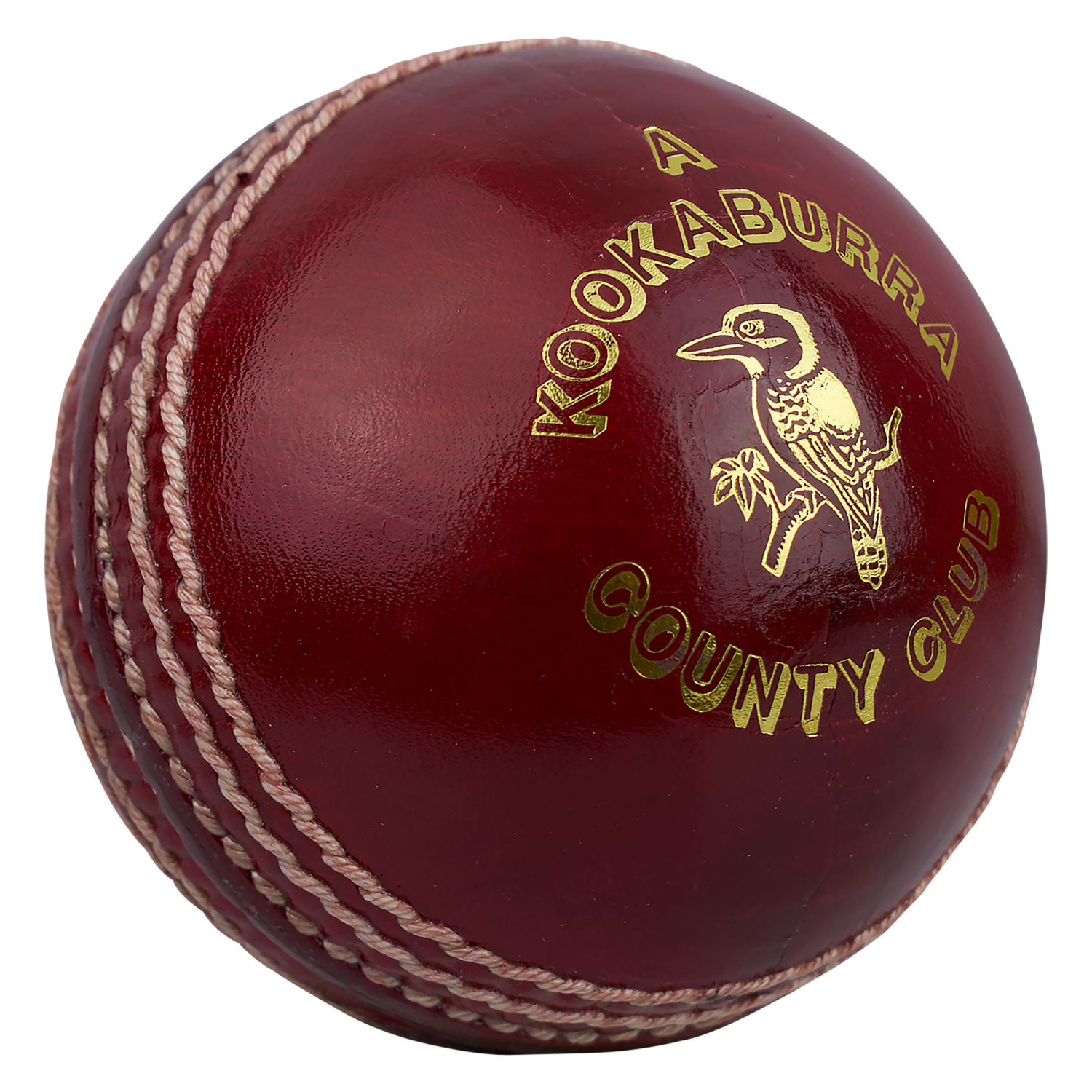 a red leather cricket ball with a gold logo on it