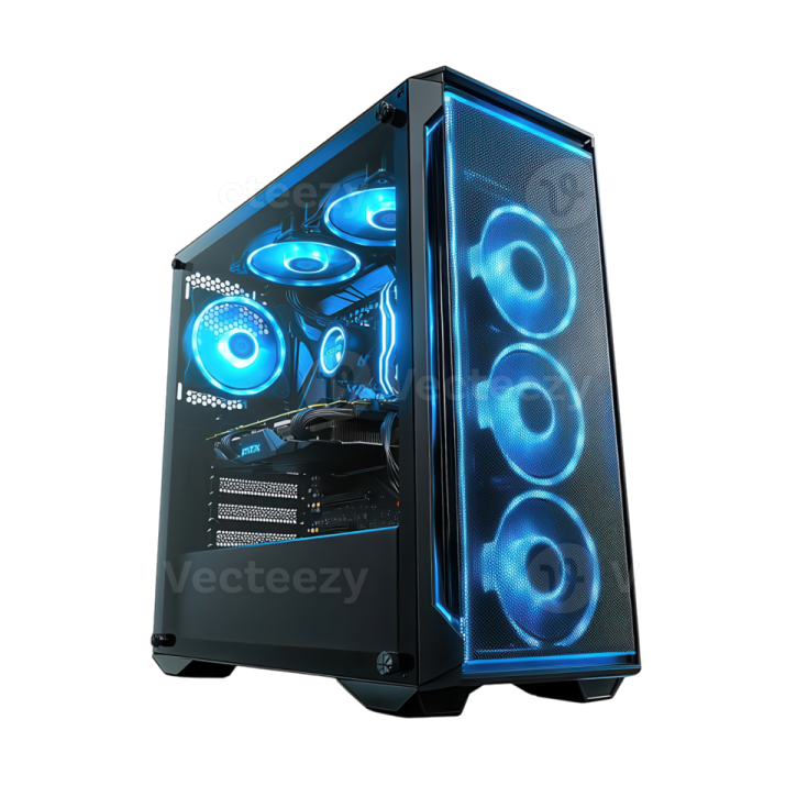 a black computer case with blue leds