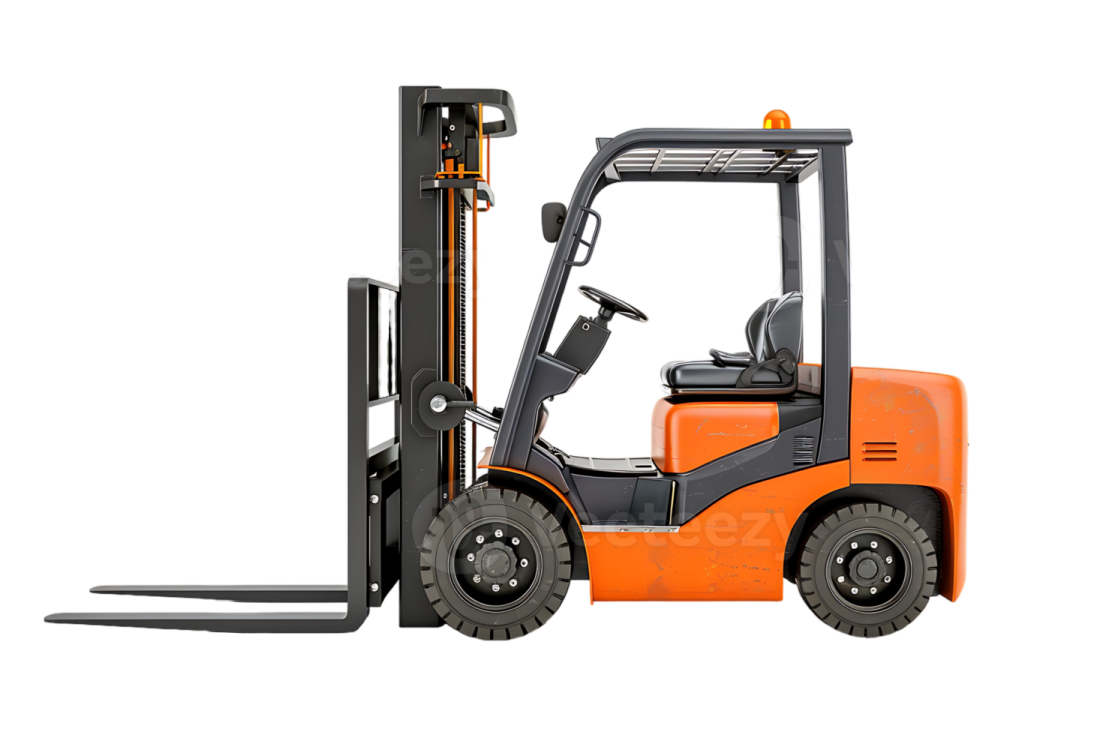 an orange fork truck with a white background