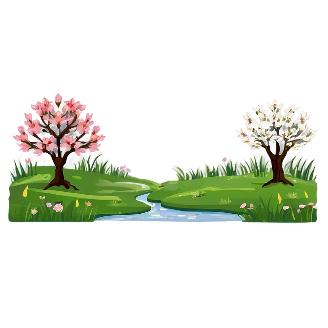a spring landscape with flowers and trees