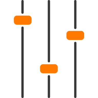 a black and white icon with orange dots