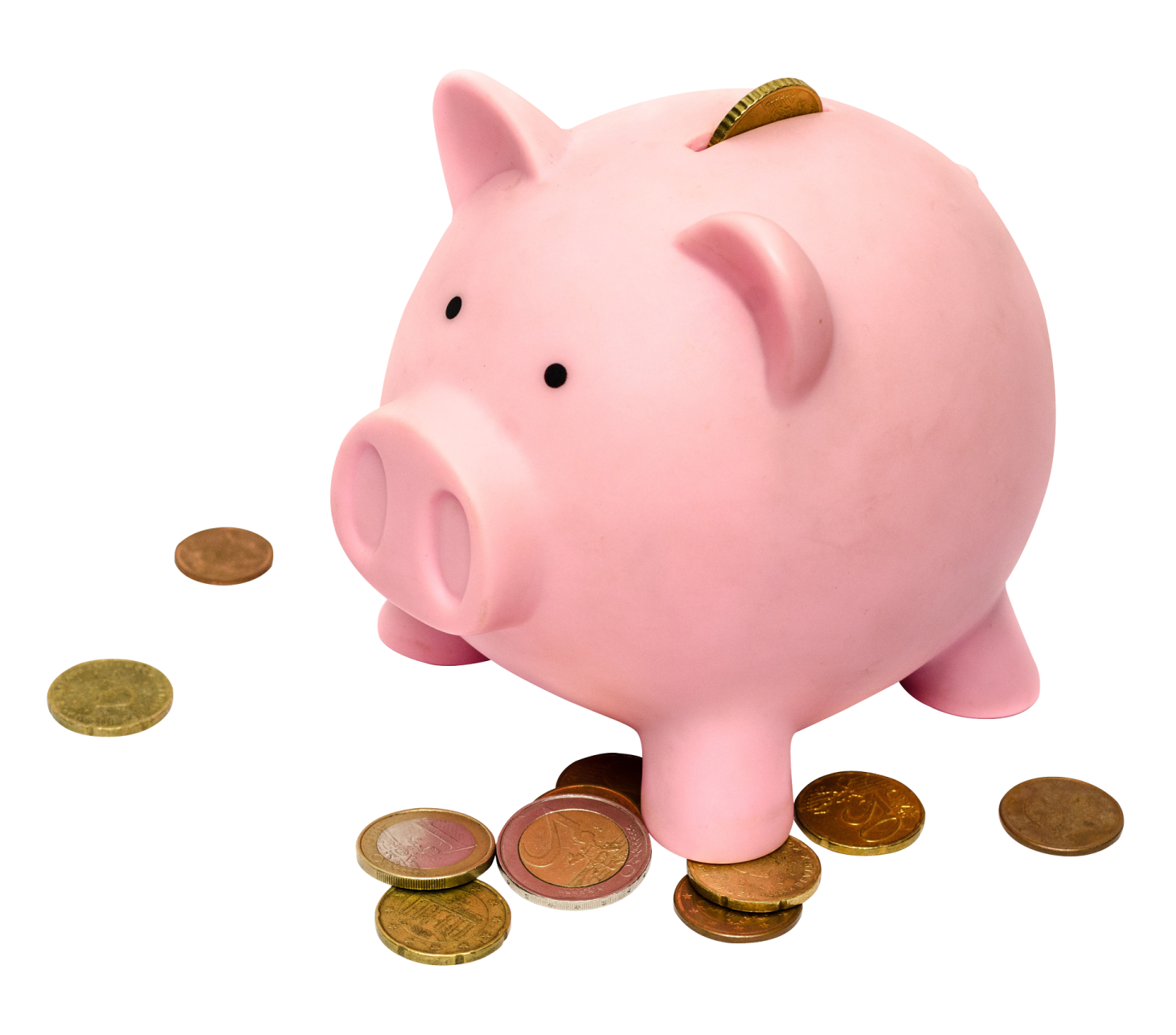 a pink piggy sitting on top of coins