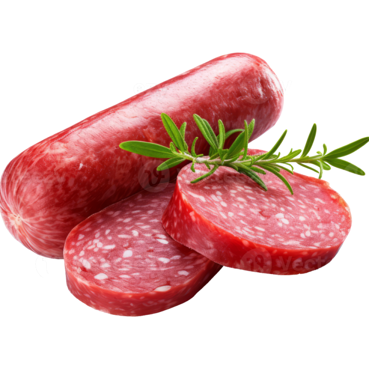 sliced sausages with rosemary on a white background
