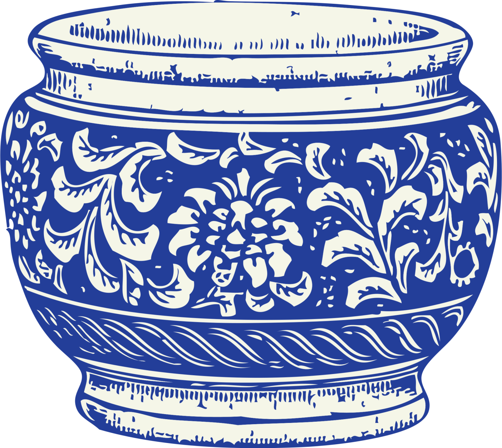a blue and white flower pot