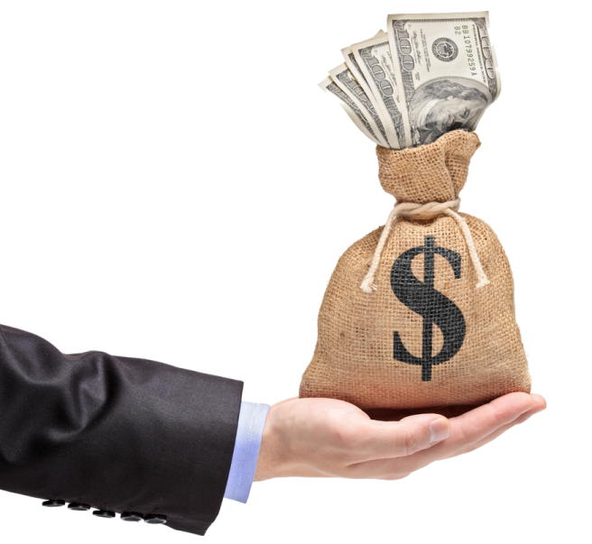 a hand holding a bag with money in it