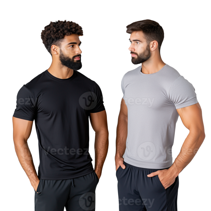 two men in black and grey t - shirts