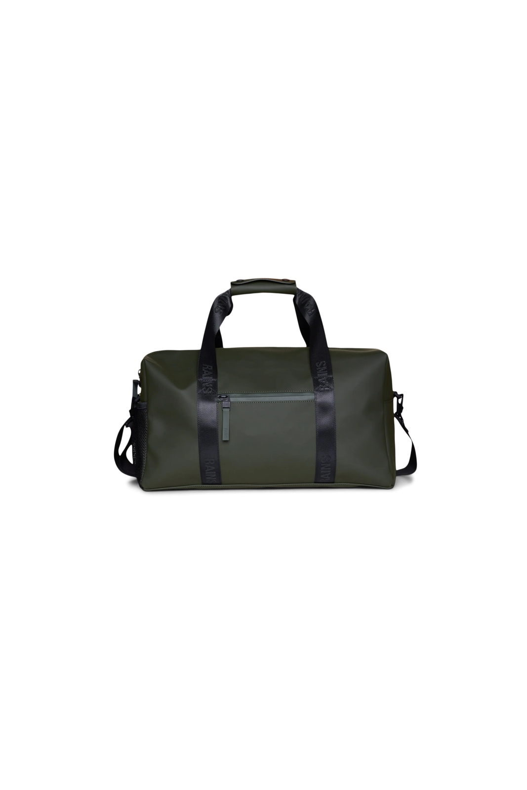 a green duff bag with black straps