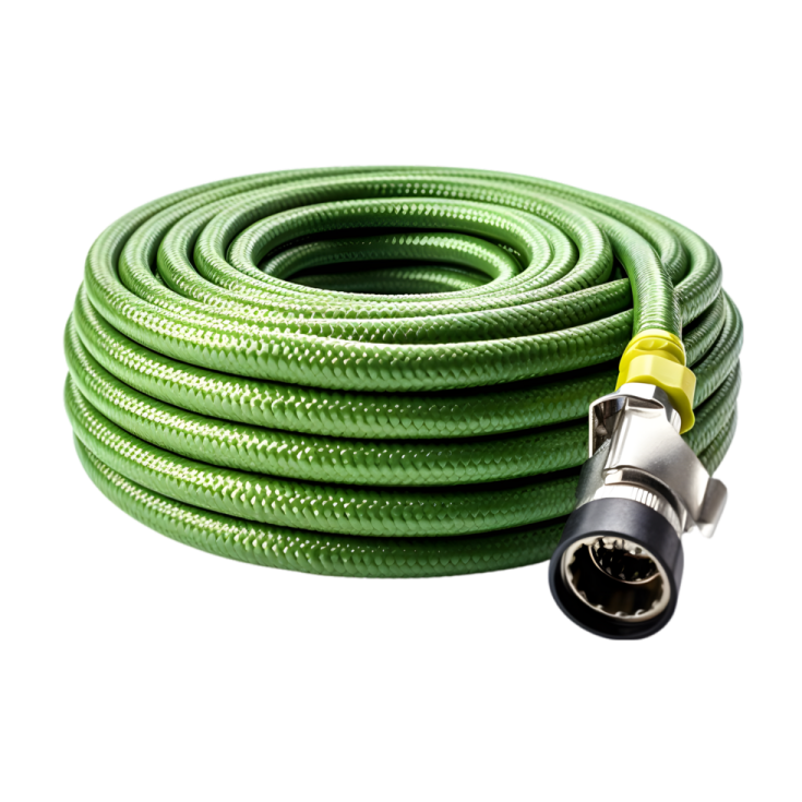 a green garden hose on a white background