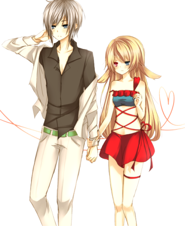 two anime characters, one in a red dress and the other in a white shirt