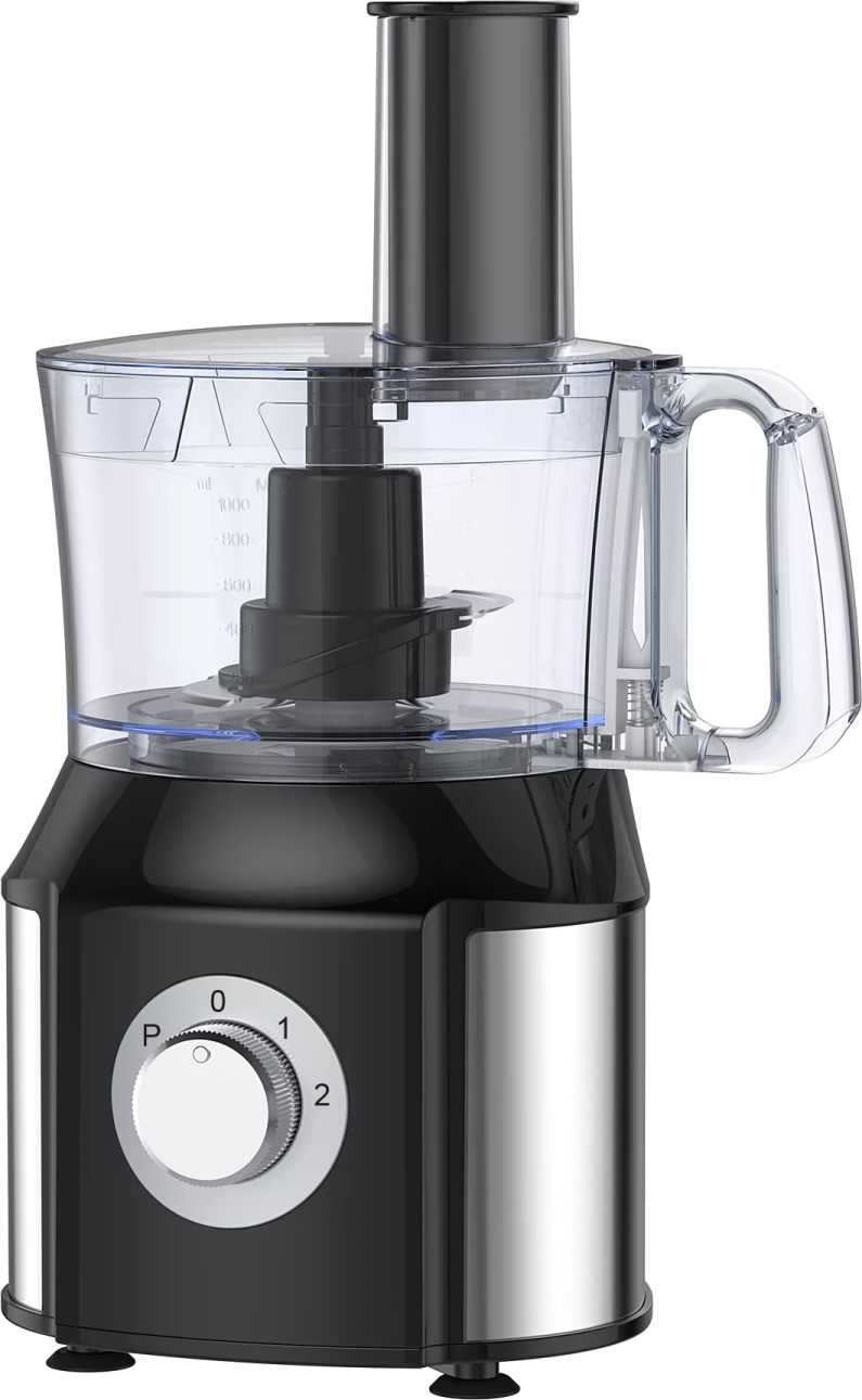 a black and silver food processor on a white background