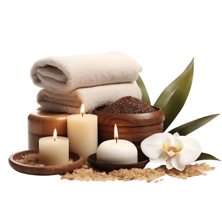 a wooden bowl filled with towels and candles