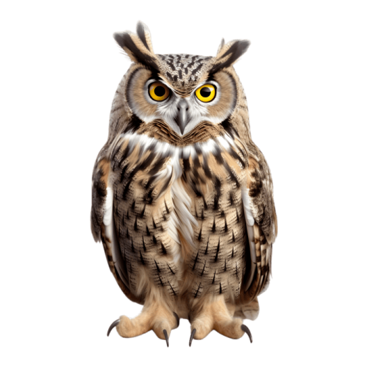 an owl with yellow eyes sitting on a white background