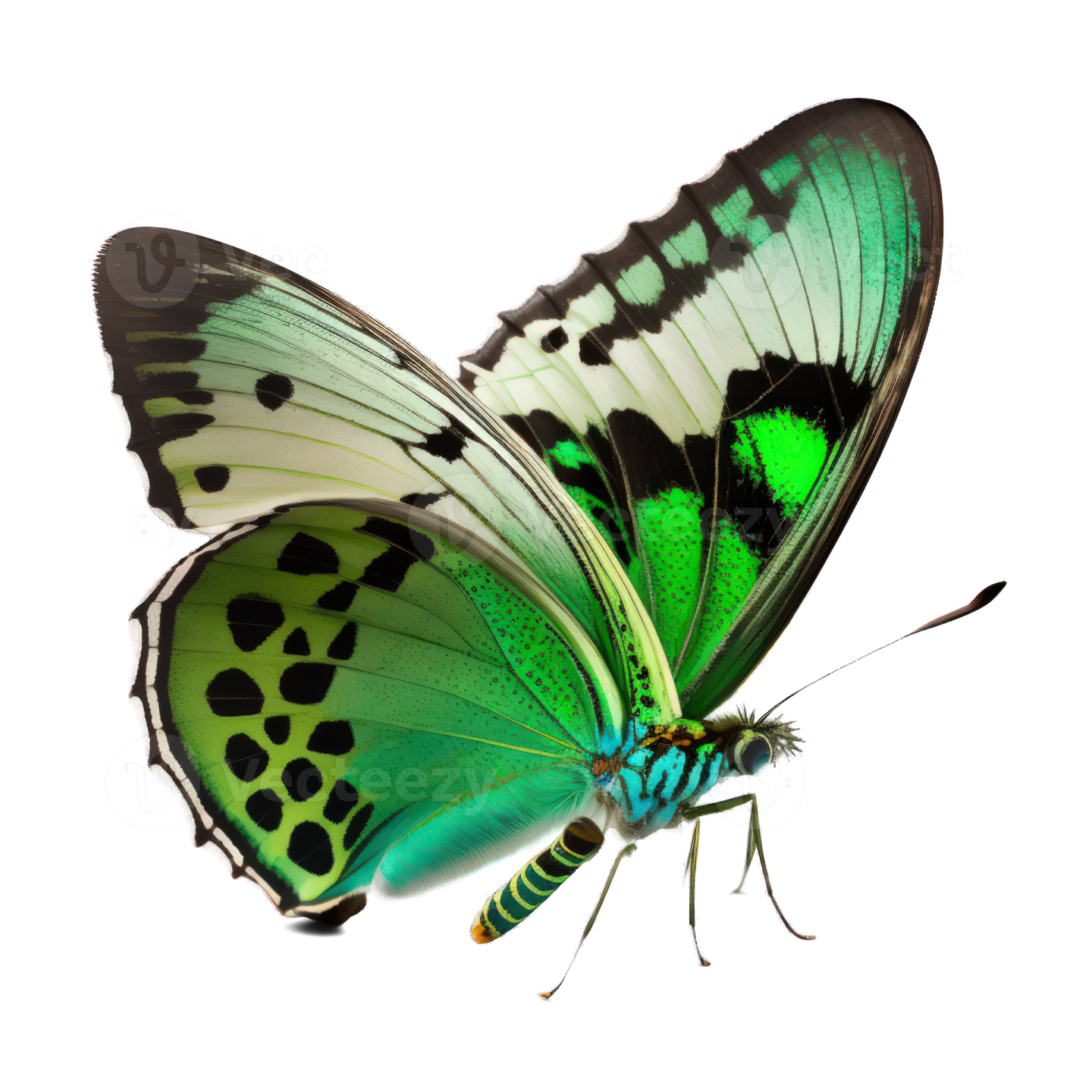 a green and black butterfly on a white background