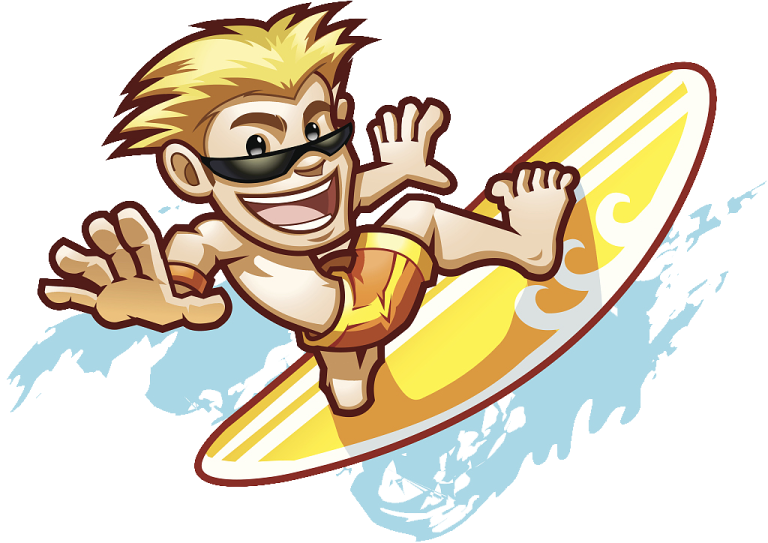a cartoon boy surfing on a surfboard