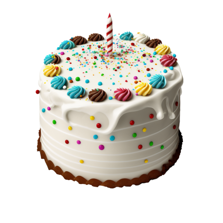 a birthday cake with white frosting and colorful toppings