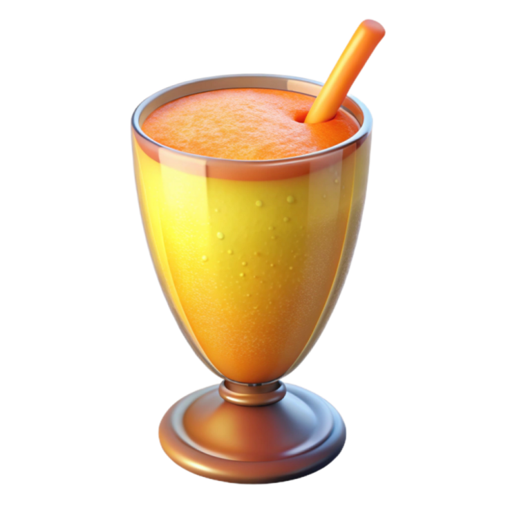 a glass filled with orange juice and a straw