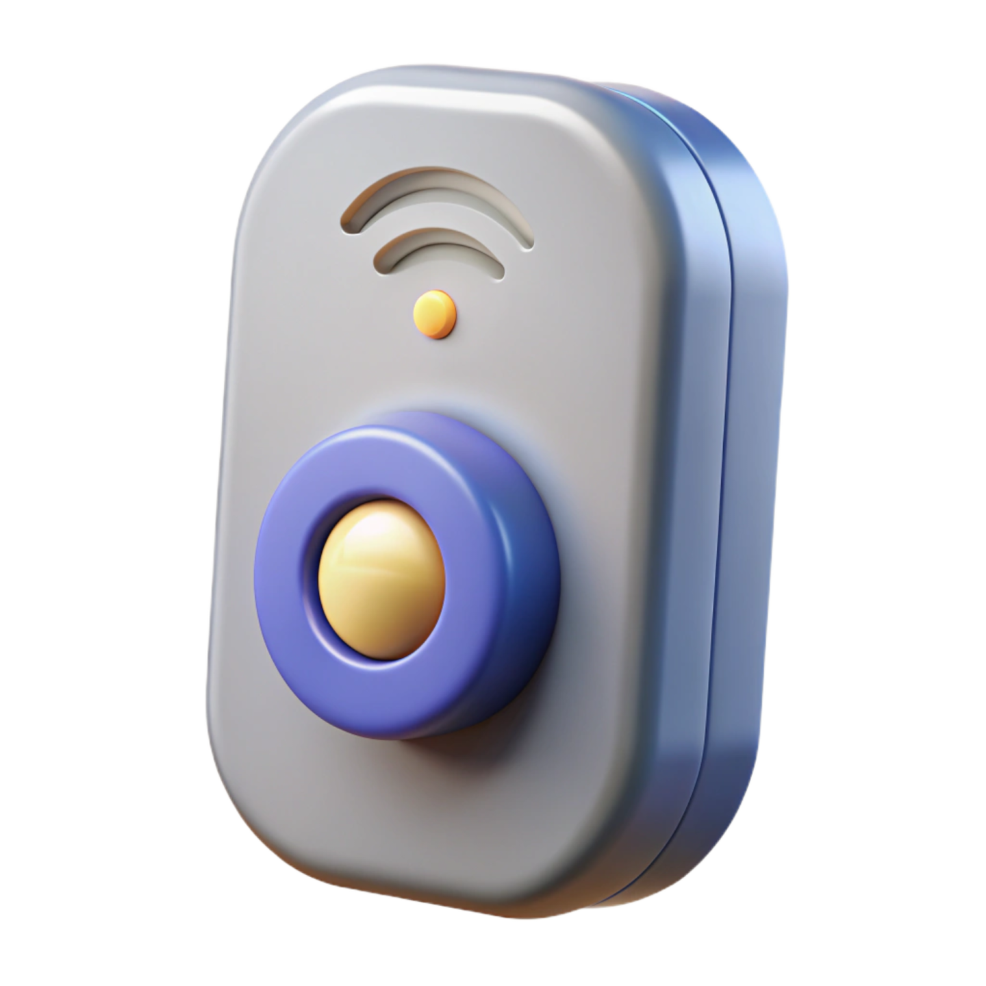 a blue and yellow button on a white background