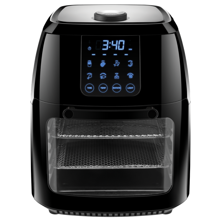 a black air fryer on a white background