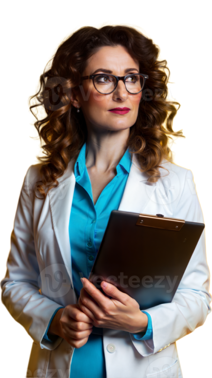 a woman in a lab coat holding a clipboard