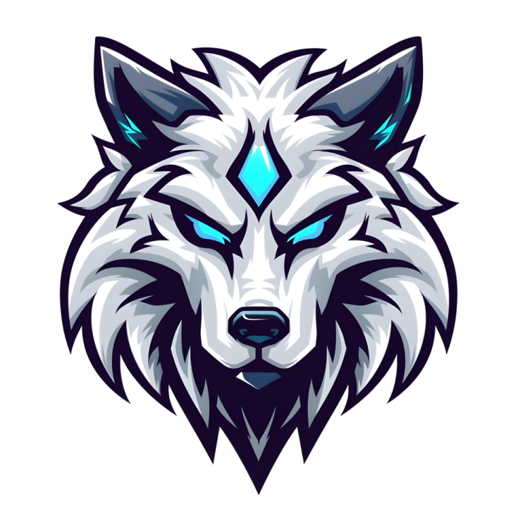 the head of a wolf with blue eyes on a white background
