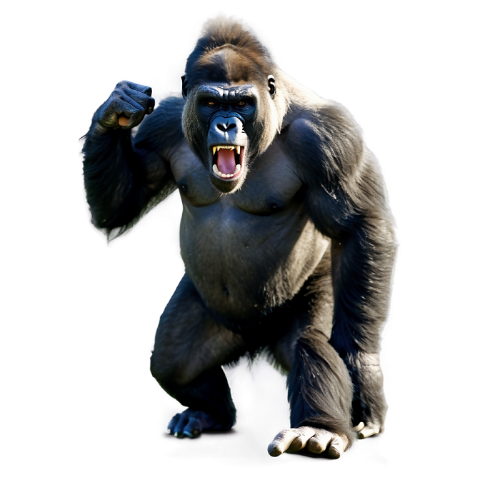 a gorilla standing on its hind with its mouth open
