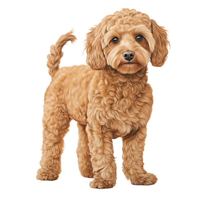 a small brown dog standing on a white background