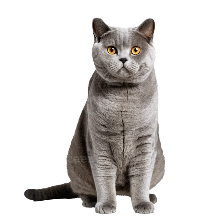 a grey cat sitting down and looking at the camera