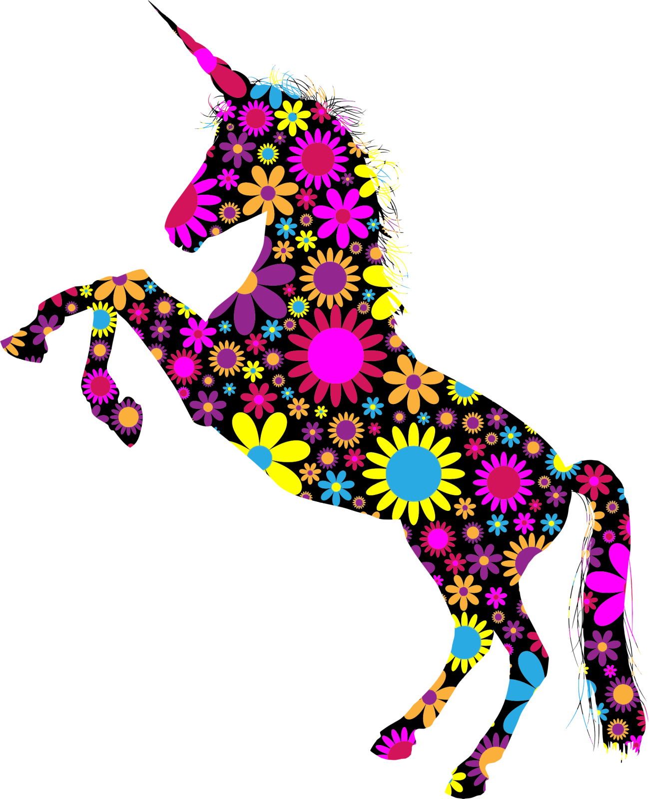 a silhouette of a unicorn with flowers and butterflies