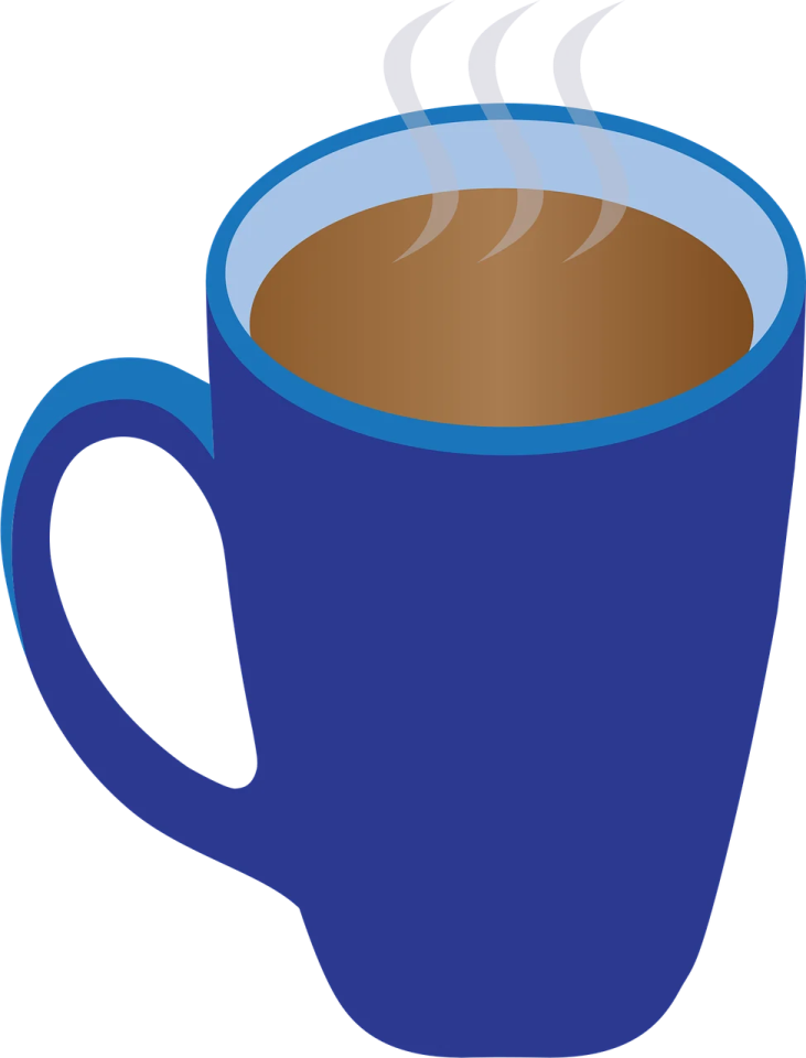 a blue coffee cup with steam coming out