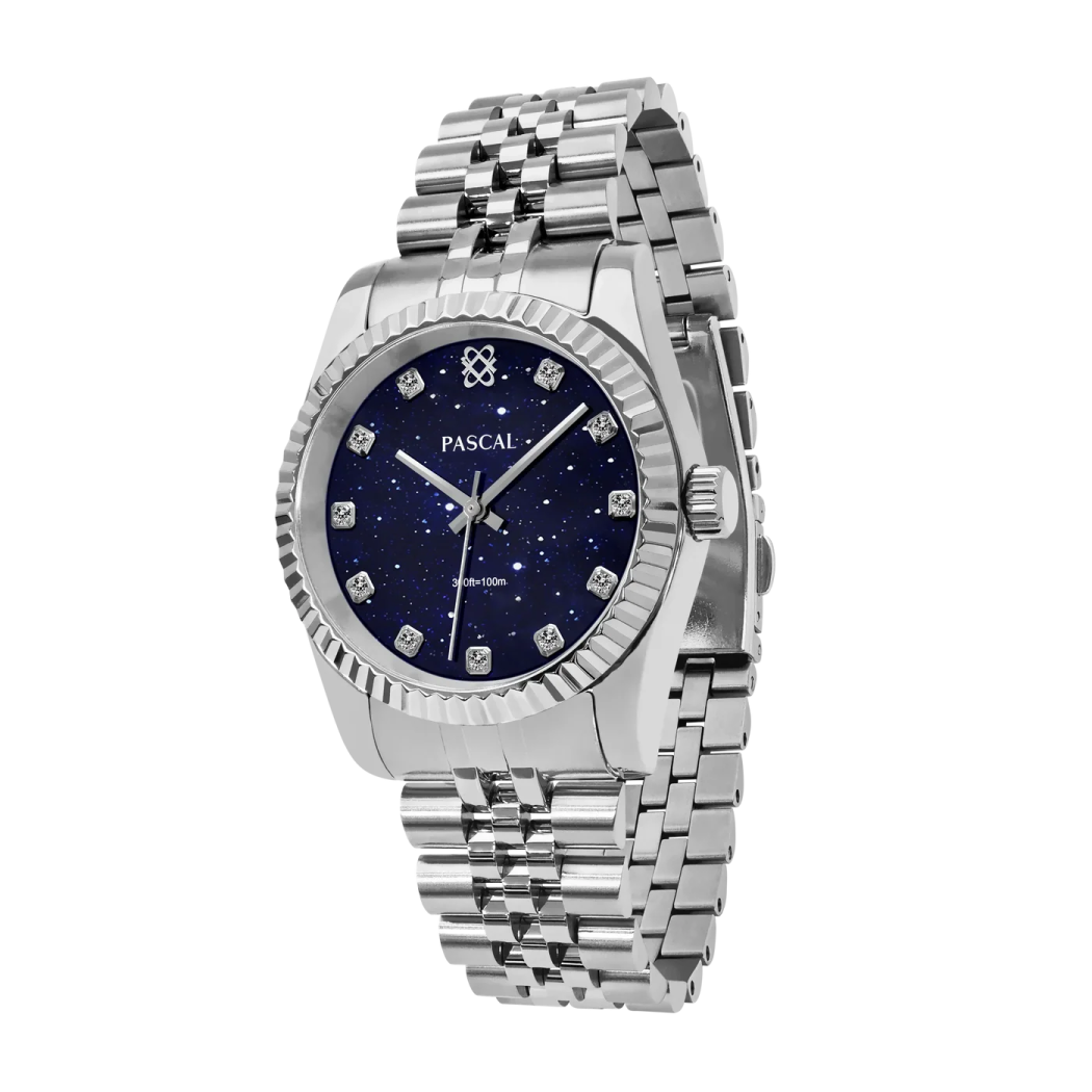 a stainless steel watch with blue dial