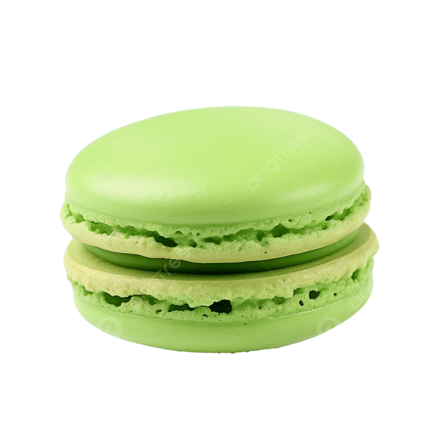 a close up of a green macaron on a white background