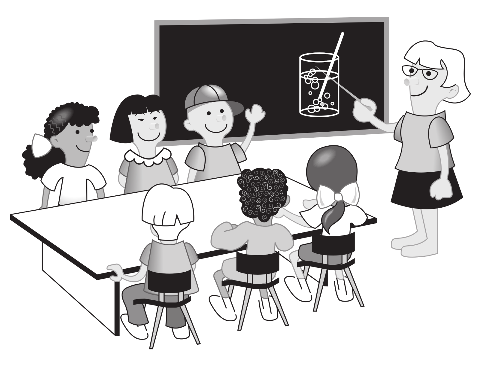 a group of children sitting at a table in front of a blackboard