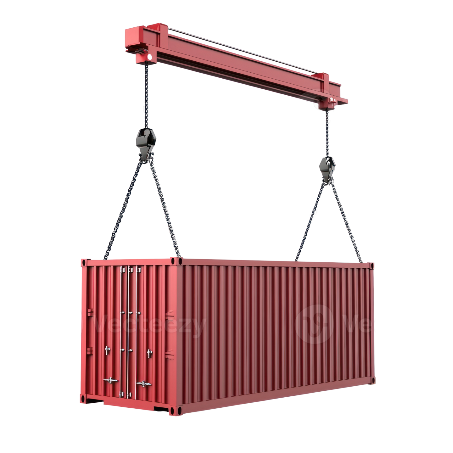 a red shipping container being lifted by a crane