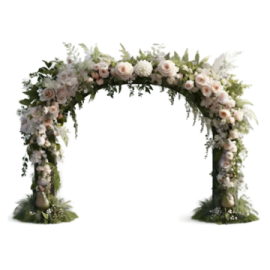 a floral arch with white and pink flowers