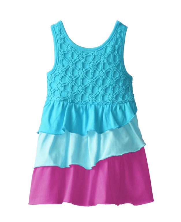 a little girl wearing a blue and pink dress