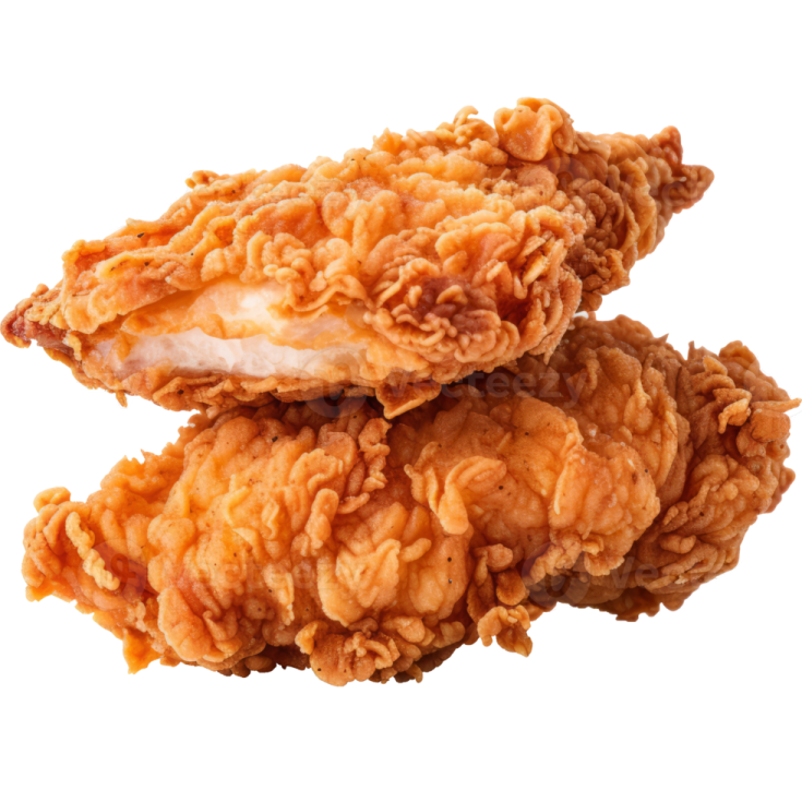 two fried chicken pieces on a white background