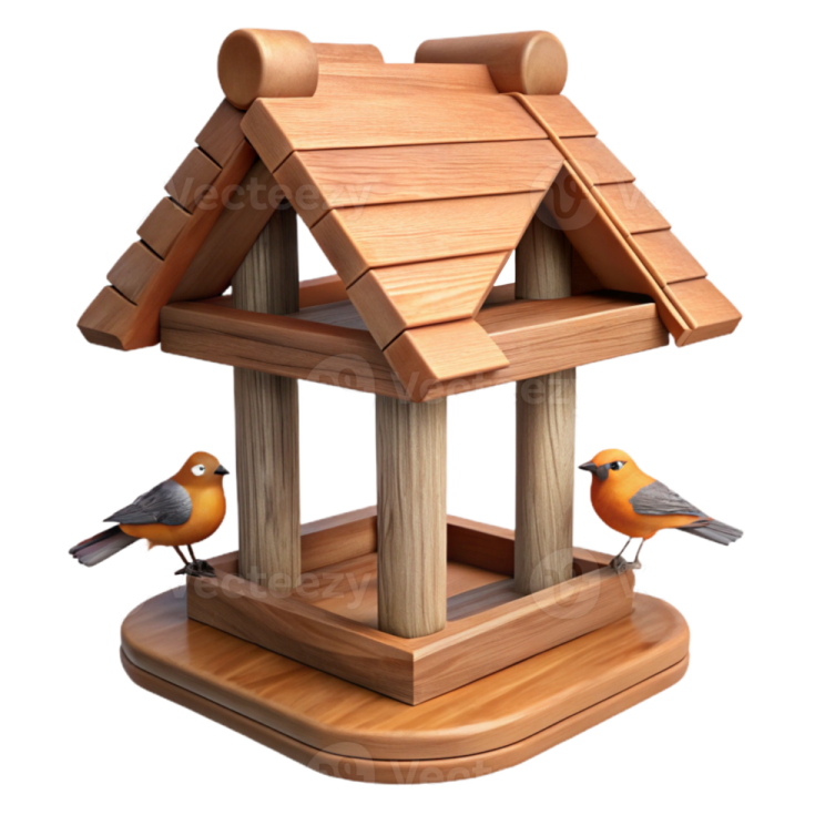 a wooden bird feeder with two birds on it