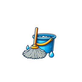 a blue bucket and broom with a white background