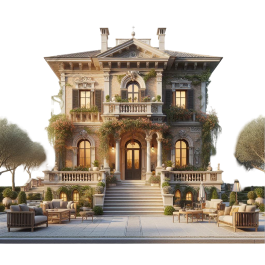 a large house with lots of plants on the front