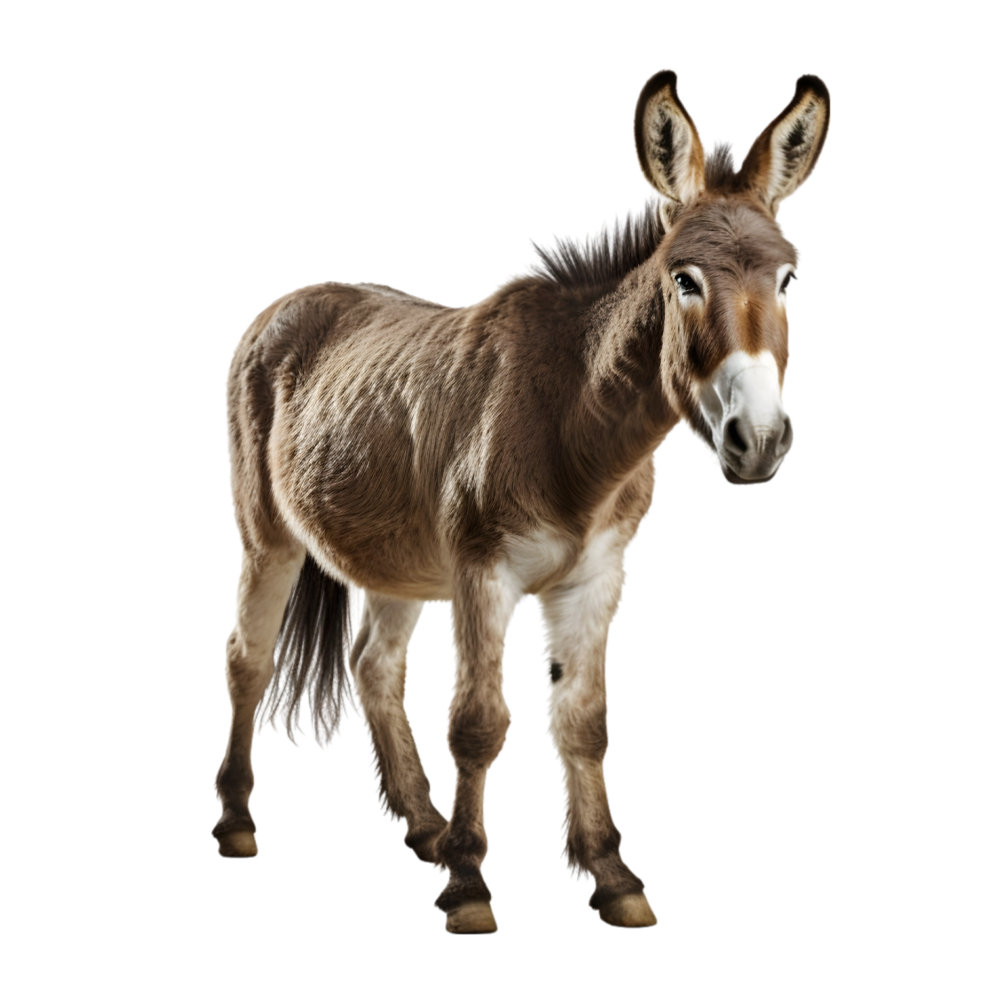 a donkey standing on top of a white surface