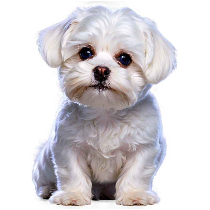 a small white dog sitting on a white surface