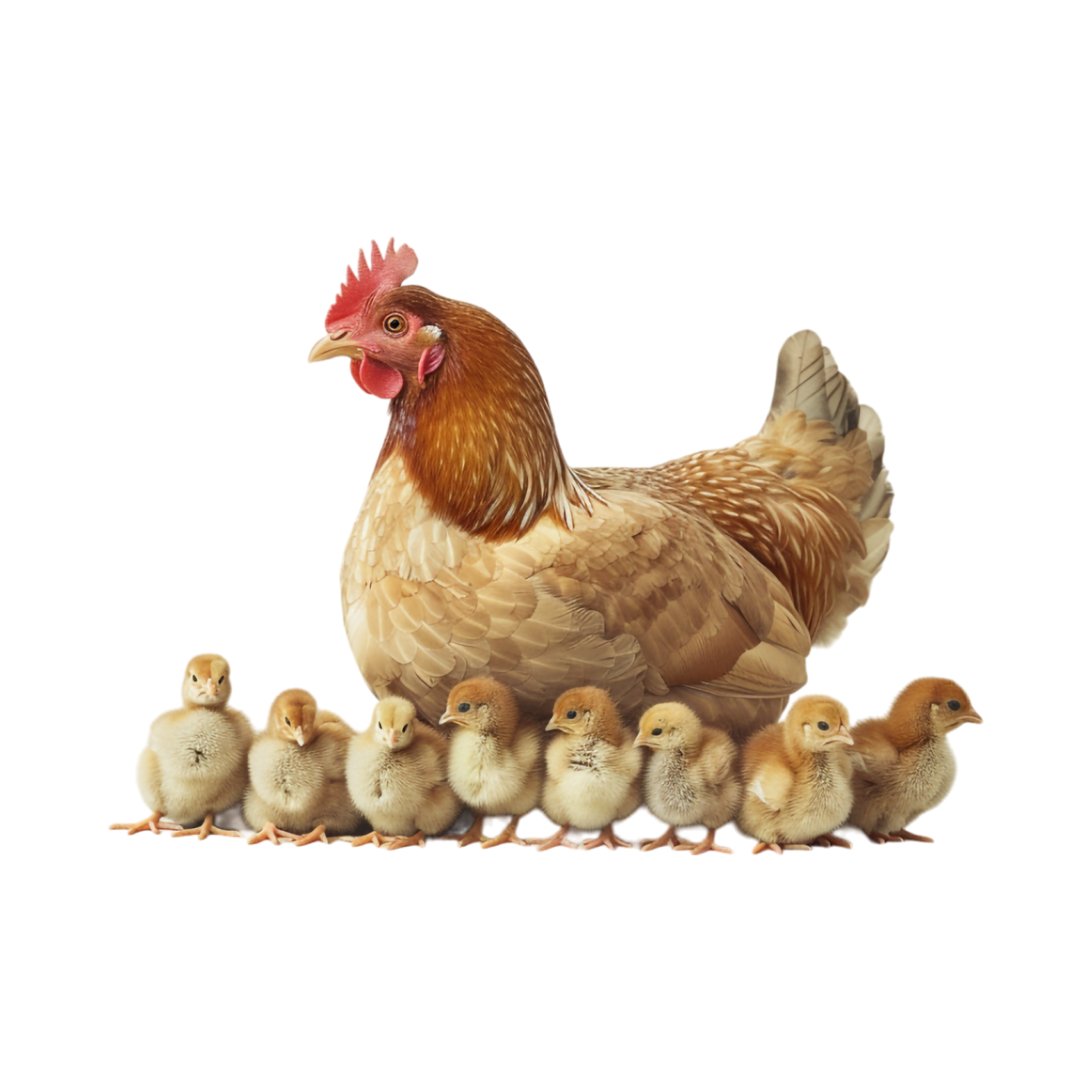 a chicken and her chicks are standing together