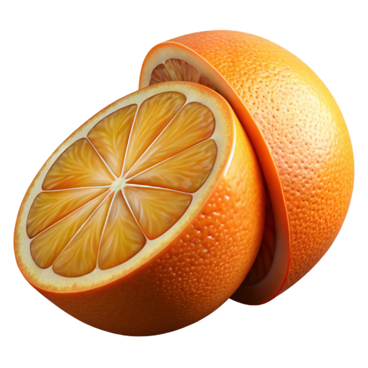 two oranges cut in half on a white background